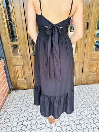 Into The Night Smocked Midi Dress • Black-Blu Pepper-Shop Anchored Bliss Women's Boutique Clothing Store