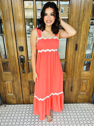 It's All Coming Together Wavy Trim Dress • Coral-Blu Pepper-Shop Anchored Bliss Women's Boutique Clothing Store