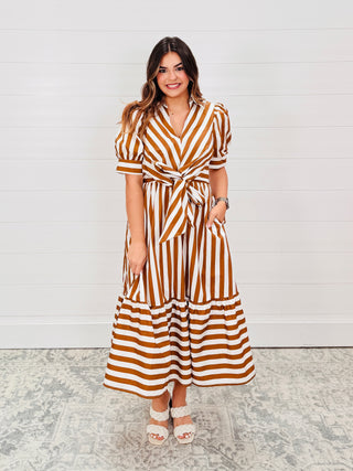 It’s Your Time Striped Puff Sleeve Midi Dress • Camel-Entro-Shop Anchored Bliss Women's Boutique Clothing Store