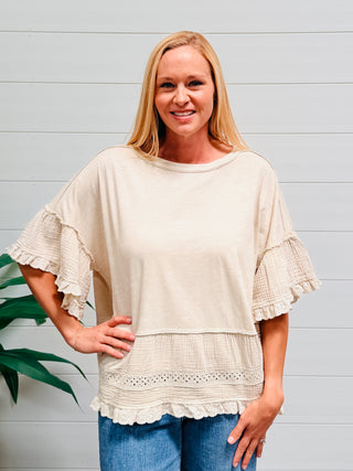 It's the Simple Things Lace Sleeve Babydoll Top • Tan-EESome-Shop Anchored Bliss Women's Boutique Clothing Store