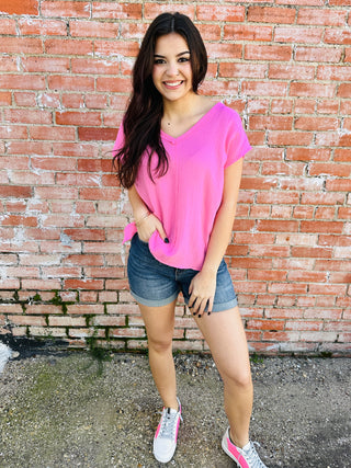 Just A Memory Gauze V-Neck Top • Pink-Andree by Unit-Shop Anchored Bliss Women's Boutique Clothing Store