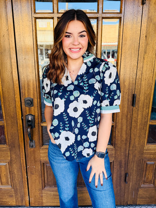 Keep Me Smiling Floral Print Puff Sleeve Top • Navy-Entro-Shop Anchored Bliss Women's Boutique Clothing Store