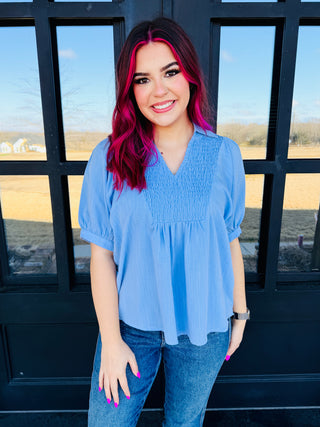 Keep Your Promise Puff Sleeve Smocked V-Neck Top • Blue-Entro-Shop Anchored Bliss Women's Boutique Clothing Store