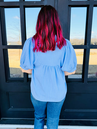 Keep Your Promise Puff Sleeve Smocked V-Neck Top • Blue-Entro-Shop Anchored Bliss Women's Boutique Clothing Store