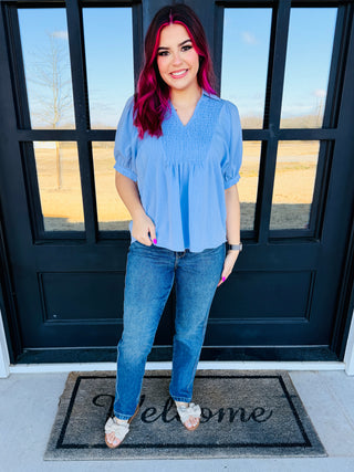 Keep Your Promise Puff Sleeve Smocked V-Neck Top • Blue-Entro-Shop Anchored Bliss Women's Boutique Clothing Store
