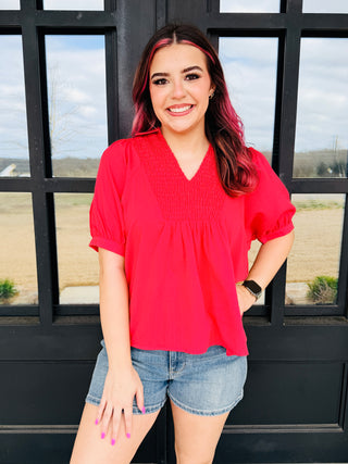 Keep Your Promise Puff Sleeve Smocked V-Neck Top • Red-Entro-Shop Anchored Bliss Women's Boutique Clothing Store