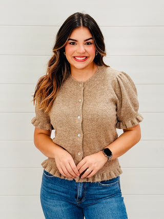 Latte Love Ruffle Trim Short Sleeve Cardigan Top • Coco-Stacey Kluttz-Shop Anchored Bliss Women's Boutique Clothing Store