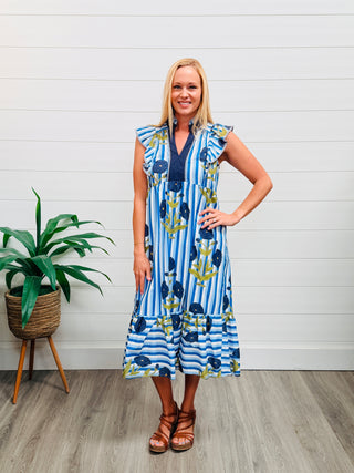Love You Mean It Striped Floral Midi Dress • Blue-Umgee-Shop Anchored Bliss Women's Boutique Clothing Store