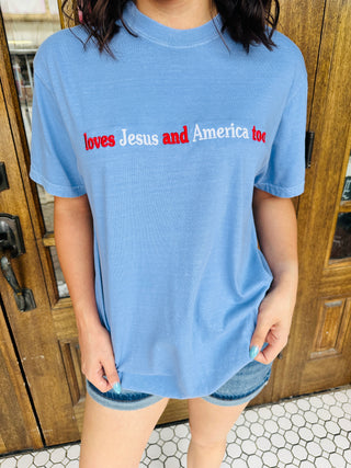 Loves Jesus and America Too Embroidered Tee-Harps & Oli-Shop Anchored Bliss Women's Boutique Clothing Store