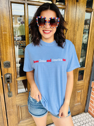 Loves Jesus and America Too Embroidered Tee-Harps & Oli-Shop Anchored Bliss Women's Boutique Clothing Store