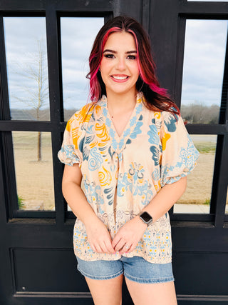 Made For This Puff Sleeve Abstract Print Top • Taupe-Umgee-Shop Anchored Bliss Women's Boutique Clothing Store