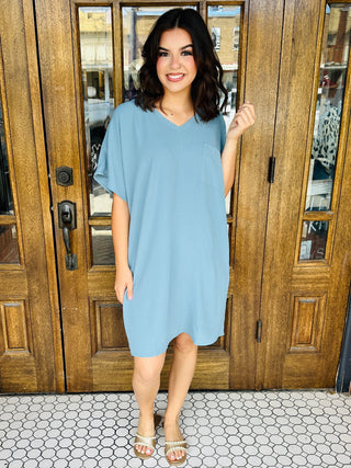 Make a Move V-Neck T-Shirt Dress • Blue Grey-Zenana-Shop Anchored Bliss Women's Boutique Clothing Store