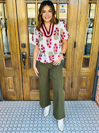 Make an Entrance Floral Bubble Sleeve Top • Cream-Entro-Shop Anchored Bliss Women's Boutique Clothing Store