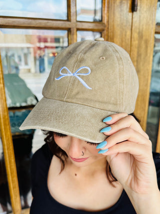 Embroidered Coquette Bow Cap • Mocha-Zenana-Shop Anchored Bliss Women's Boutique Clothing Store