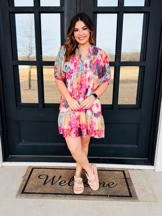Moving On Up Watercolor Floral Babydoll Mini Dress • Pink Mix-Umgee-Shop Anchored Bliss Women's Boutique Clothing Store
