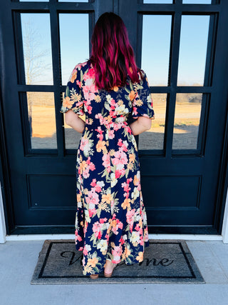 On The Go Navy Floral Tiered Midi Dress-Oddi-Shop Anchored Bliss Women's Boutique Clothing Store