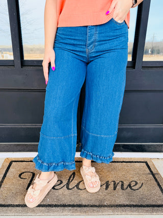 Never Have I Ever Wide Legged Ruffle Hem Jeans • Denim-Easel-Shop Anchored Bliss Women's Boutique Clothing Store