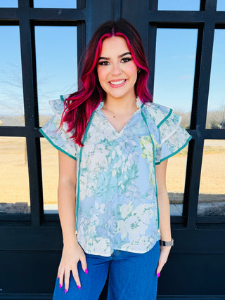 Never Let You Down Floral Flutter Sleeve Top • Light Blue-Stacey Kluttz-Shop Anchored Bliss Women's Boutique Clothing Store