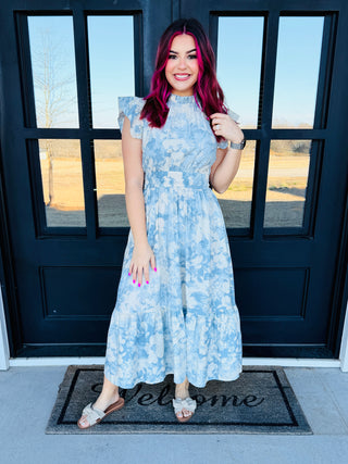 New Days Ahead Smocked Blue Floral Midi Dress-Oddi-Shop Anchored Bliss Women's Boutique Clothing Store