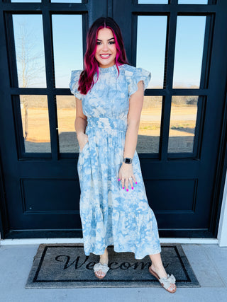 New Days Ahead Smocked Blue Floral Midi Dress-Oddi-Shop Anchored Bliss Women's Boutique Clothing Store