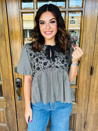 Nothing in My Way Puff Sleeve Gingham Top • Black-She+Sky-Shop Anchored Bliss Women's Boutique Clothing Store