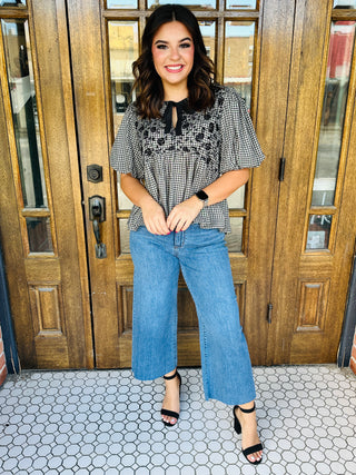 Nothing in My Way Puff Sleeve Gingham Top • Black-She+Sky-Shop Anchored Bliss Women's Boutique Clothing Store