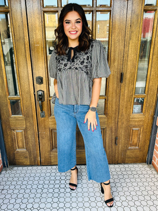 Nothing in My Way Puff Sleeve Gingham Top • Black-She+Sky-Shop Anchored Bliss Women's Boutique Clothing Store