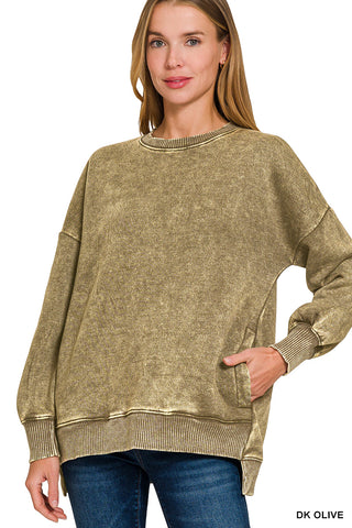 Go Easy on Me Acid Washed Hi Low Pullover • Olive-Zenana-Shop Anchored Bliss Women's Boutique Clothing Store