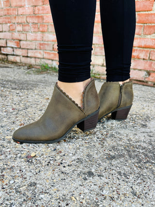 Yours Truly Scalloped Ankle Booties • Olive-Stacey Kluttz-Shop Anchored Bliss Women's Boutique Clothing Store