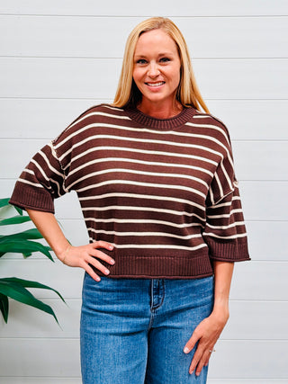 On My Mind Striped Drop Shoulder Sweater Top • Brown-Blu Pepper-Shop Anchored Bliss Women's Boutique Clothing Store