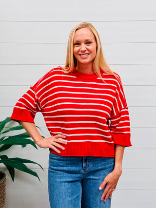 On My Mind Striped Drop Shoulder Sweater Top • Deep Red-Blu Pepper-Shop Anchored Bliss Women's Boutique Clothing Store