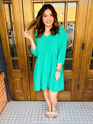 On The Run V-Neck Tiered Dress • Mint Green-Stacey Kluttz-Shop Anchored Bliss Women's Boutique Clothing Store