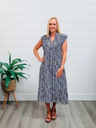 On the Edge Flutter Sleeve Midi Dress • Navy-Umgee-Shop Anchored Bliss Women's Boutique Clothing Store