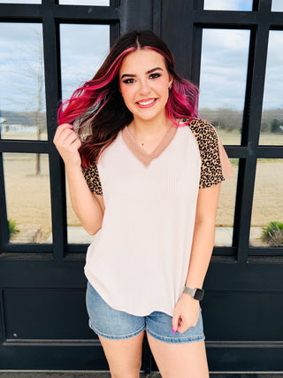 Once Upon a Time Leopard Print Sleeve V-Neck Top • Oatmeal-Lovely Melody-Shop Anchored Bliss Women's Boutique Clothing Store
