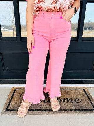 Passionate Kisses Ruffle Hem Denim Jeans • Pink-Entro-Shop Anchored Bliss Women's Boutique Clothing Store