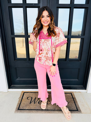 Passionate Kisses Ruffle Hem Denim Jeans • Pink-Entro-Shop Anchored Bliss Women's Boutique Clothing Store