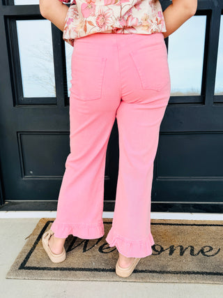 Passionate Kisses Ruffle Hem Denim Jeans • Pink-Entro-Shop Anchored Bliss Women's Boutique Clothing Store