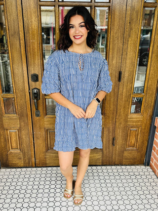 Weekend in Gingham Puff Sleeve Mini Dress • Navy-Fantastic Fawn-Shop Anchored Bliss Women's Boutique Clothing Store