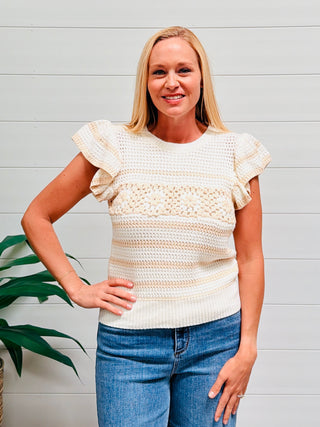 Polished Ease Ruffled Sleeve Crochet Top • Light Taupe-Stacey Kluttz-Shop Anchored Bliss Women's Boutique Clothing Store