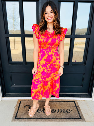 Proud Of Us Satin Smocked Tiered Midi Dress • Sunkist Mix-Stacey Kluttz-Shop Anchored Bliss Women's Boutique Clothing Store