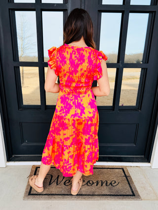 Proud Of Us Satin Smocked Tiered Midi Dress • Sunkist Mix-Stacey Kluttz-Shop Anchored Bliss Women's Boutique Clothing Store