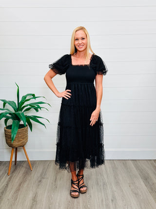 Pure Joy Tulle Puff Sleeve Tiered Midi Dress • Black-Blu Pepper-Shop Anchored Bliss Women's Boutique Clothing Store