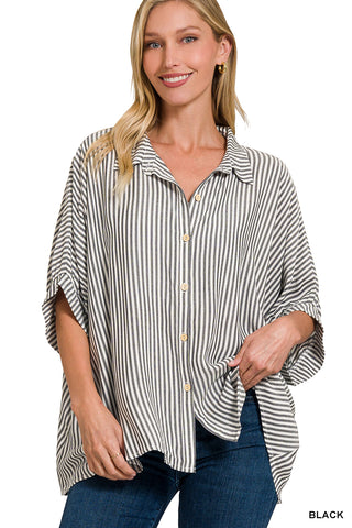 Walk With Me Striped Button Up Shirt • Black-Zenana-Shop Anchored Bliss Women's Boutique Clothing Store