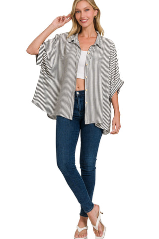 Walk With Me Striped Button Up Shirt • Black-Zenana-Shop Anchored Bliss Women's Boutique Clothing Store
