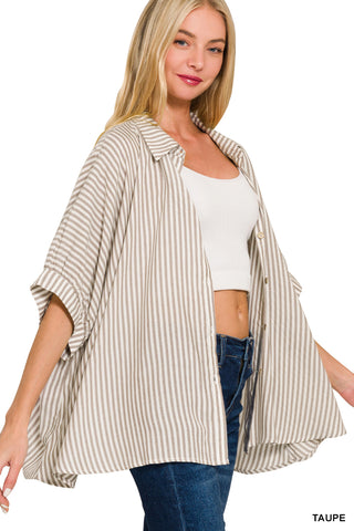 Walk With Me Striped Button Up Shirt • Tan-Zenana-Shop Anchored Bliss Women's Boutique Clothing Store