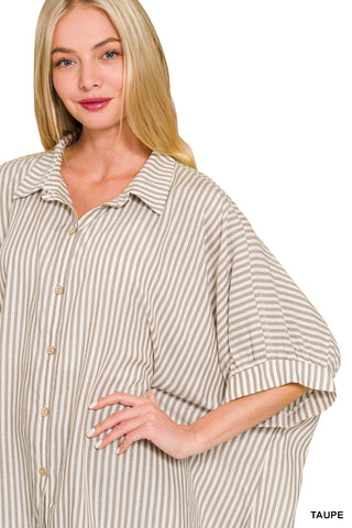 Walk With Me Striped Button Up Shirt • Tan-Zenana-Shop Anchored Bliss Women's Boutique Clothing Store
