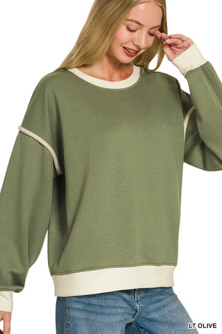Easy Does It Scuba Contrast Trim Sweatshirt • Light Olive-Zenana-Shop Anchored Bliss Women's Boutique Clothing Store