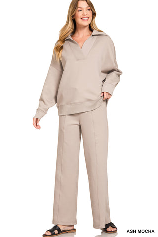 That Loving Feeling Scuba Collared Pullover Top and Bottom Set • Tan-Zenana-Shop Anchored Bliss Women's Boutique Clothing Store