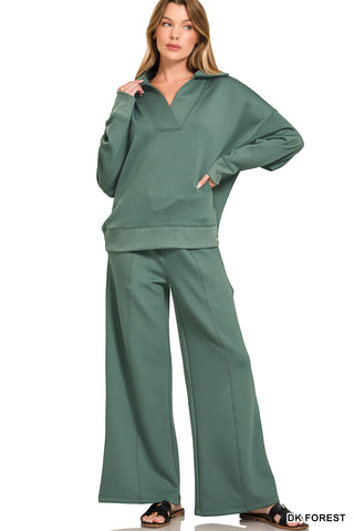 That Loving Feeling Scuba Collared Pullover Top and Bottom Set • Deep Sage-Zenana-Shop Anchored Bliss Women's Boutique Clothing Store