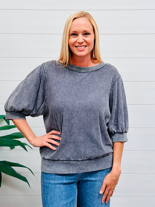Really a Dream Mineral Washed Bubble Sleeve Top • Charcoal-Easel-Shop Anchored Bliss Women's Boutique Clothing Store